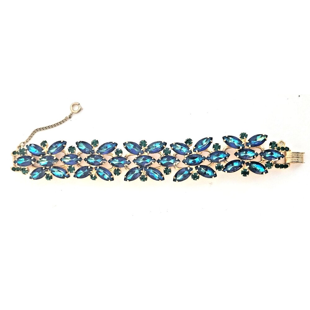 Vintage Juliana D&E Blue Green Peacock Rhinestone Bracelet Navette Gold
